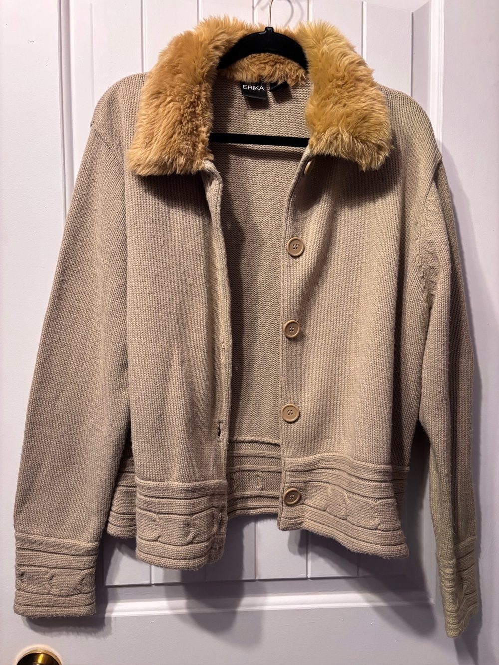 Erika Tan Knit Jacket with Faux Fur Collar